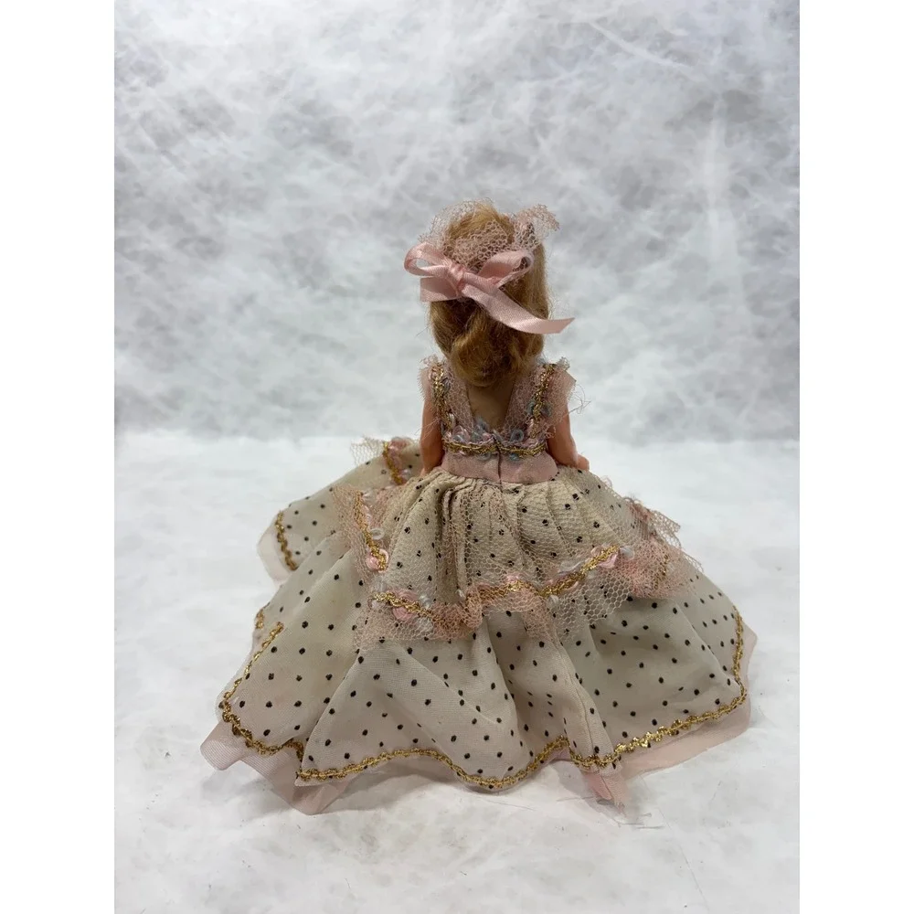Vintage 7.5 Inch Plastic Doll Polka Dot Tulle Gown Pink Lace Trim Pink Satin